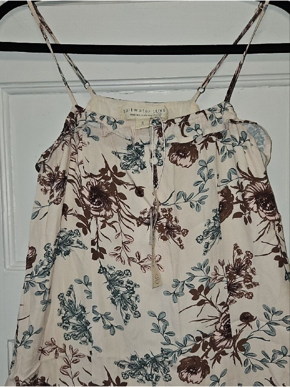 saltwater LUXE Cream Mini Sundress with Brown & Teal Floral Print - Picture 3 of 8